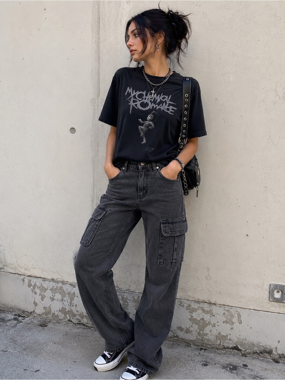 Zara Black Washed Wide Leg Cargo Jeans
